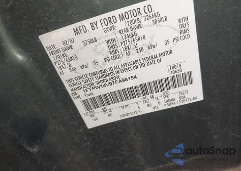 2007 Ford F-150 Fx4/Lariat/Xlt из США, поврежденный, VIN 1FTPW14V97FA98154